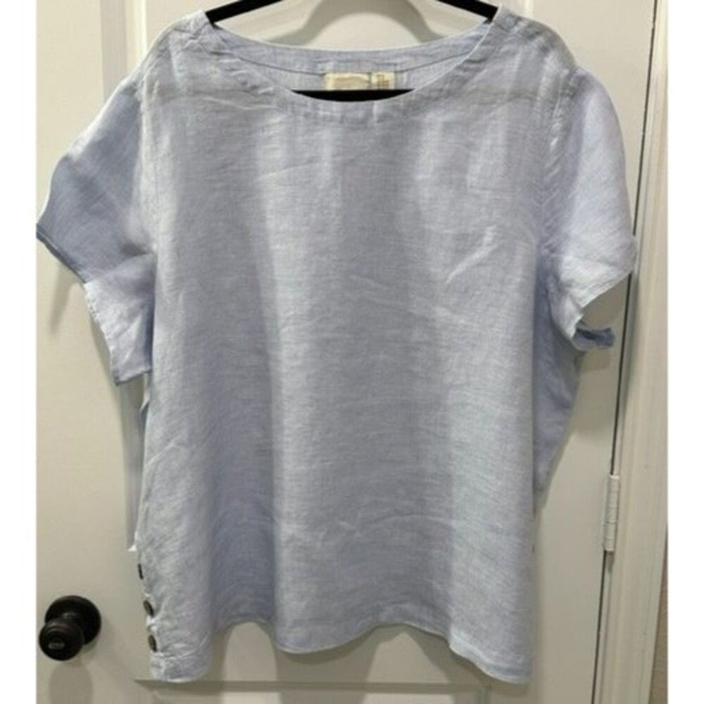Cynthia Rowley 100% Linen Top Light Blue Side Button Short Sleeve Women's 2X